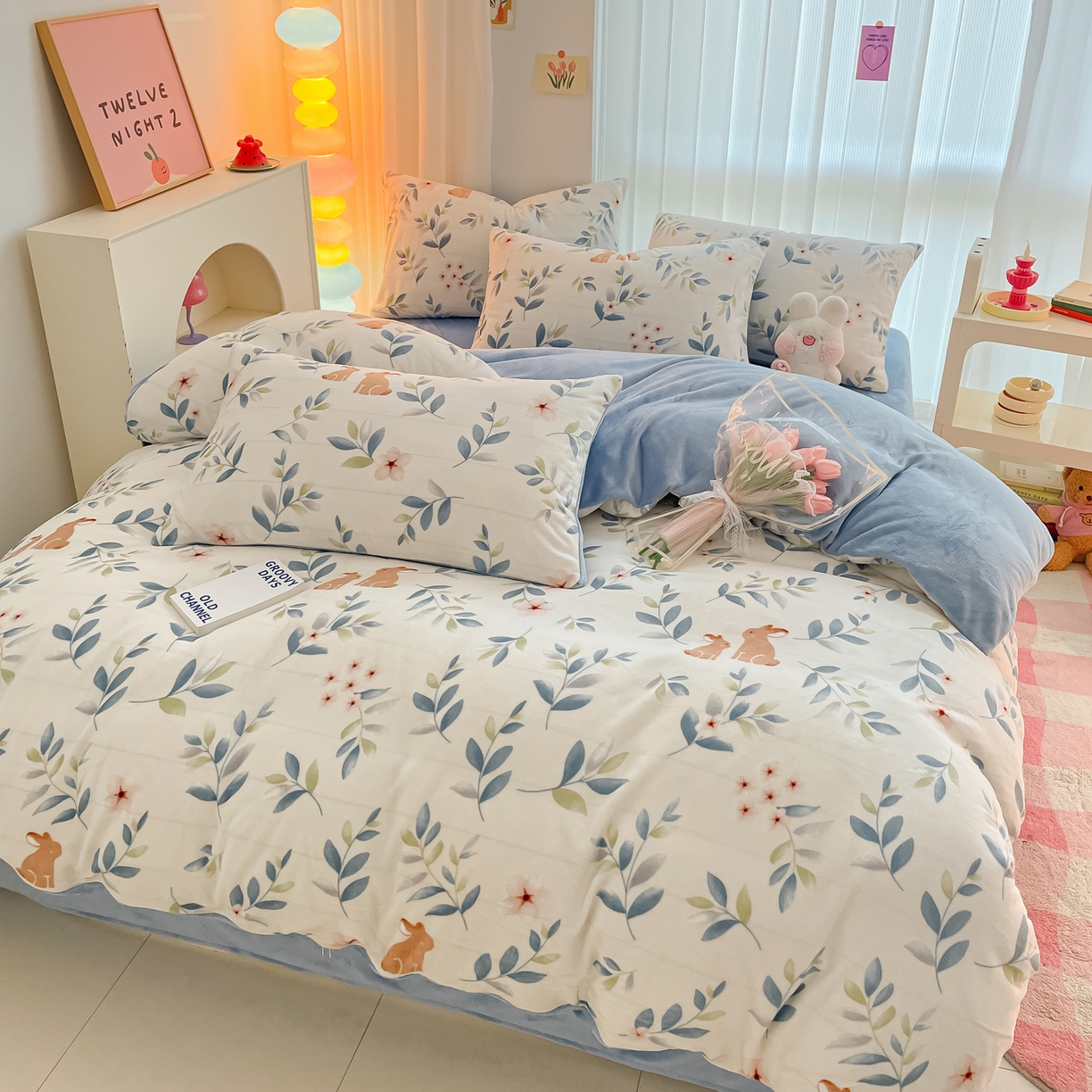 91家纺网 家纺一手货源 找家纺 启发 2025新款高克重小清新牛奶绒印花四件套 菲菲兔