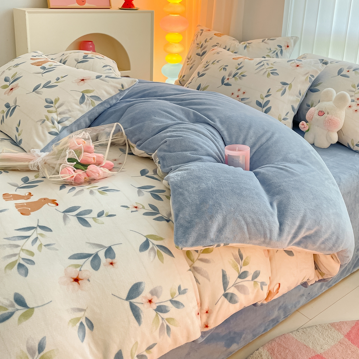 91家纺网 家纺一手货源 找家纺 启发 2025新款高克重小清新牛奶绒印花四件套 菲菲兔