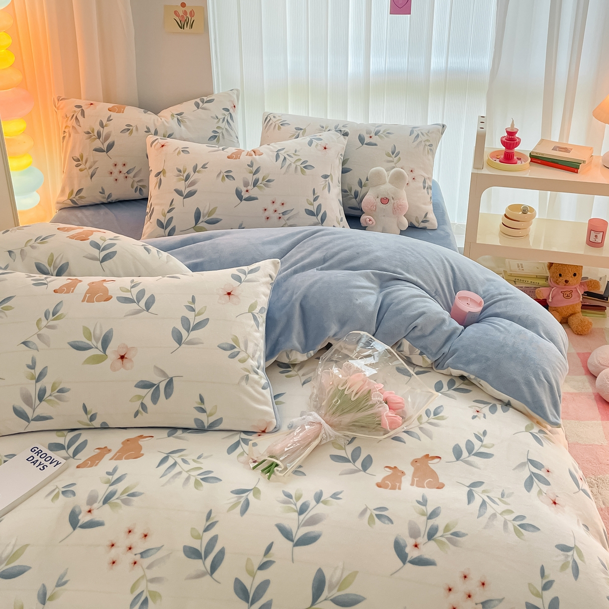 91家纺网 家纺一手货源 找家纺 启发 2025新款高克重小清新牛奶绒印花四件套 菲菲兔