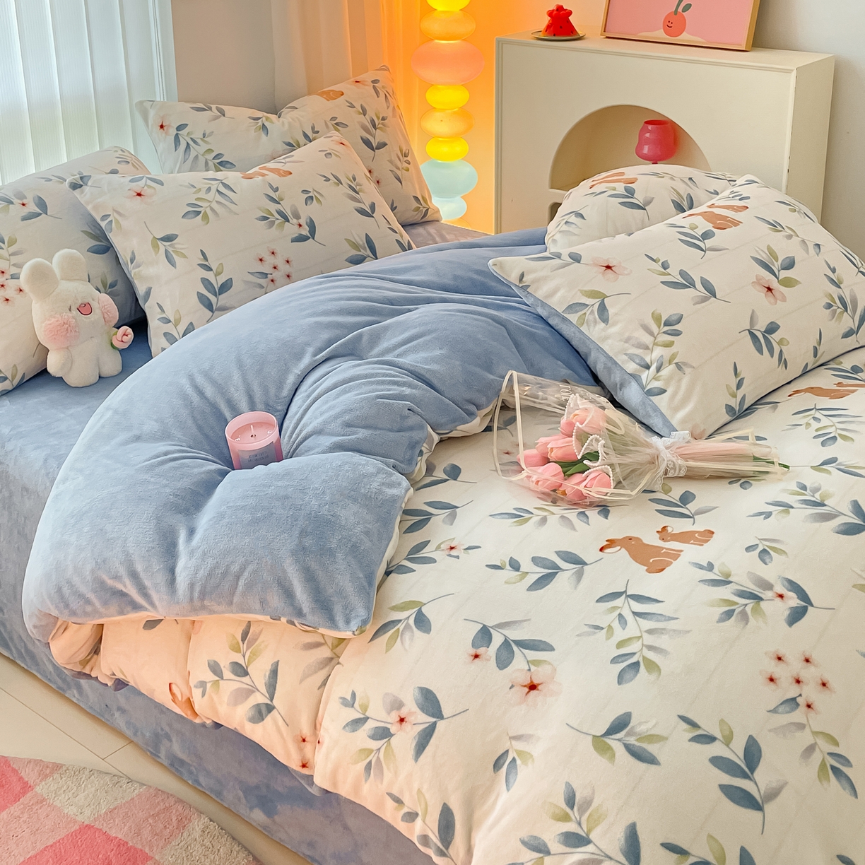 91家纺网 家纺一手货源 找家纺 启发 2025新款高克重小清新牛奶绒印花四件套 菲菲兔