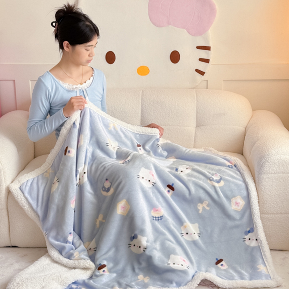 川悦生活 2025新款牛奶绒羊羔绒毯子毛毯 毛毯晴空小喵