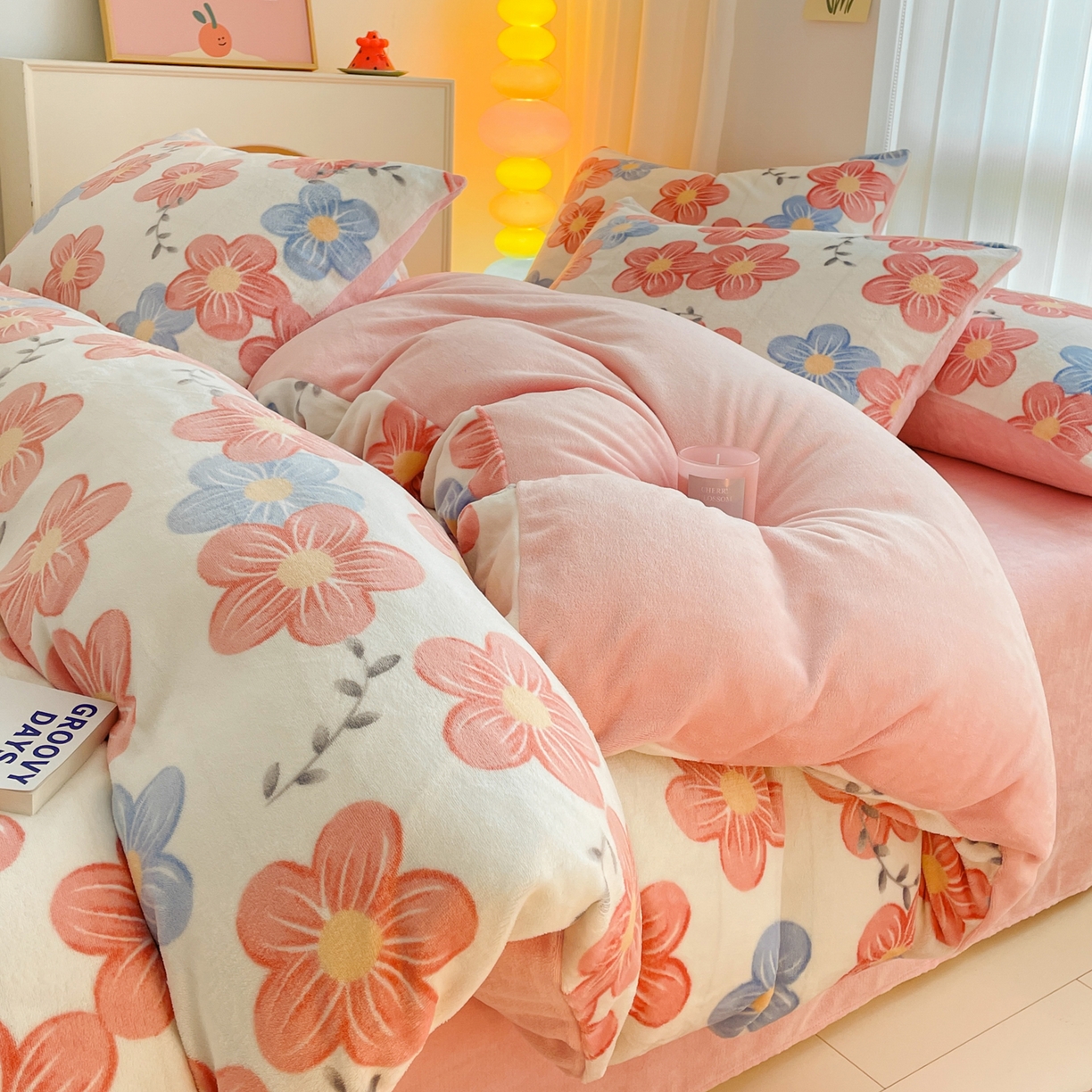 启发 2025新款高克重小清新牛奶绒印花四件套 花环