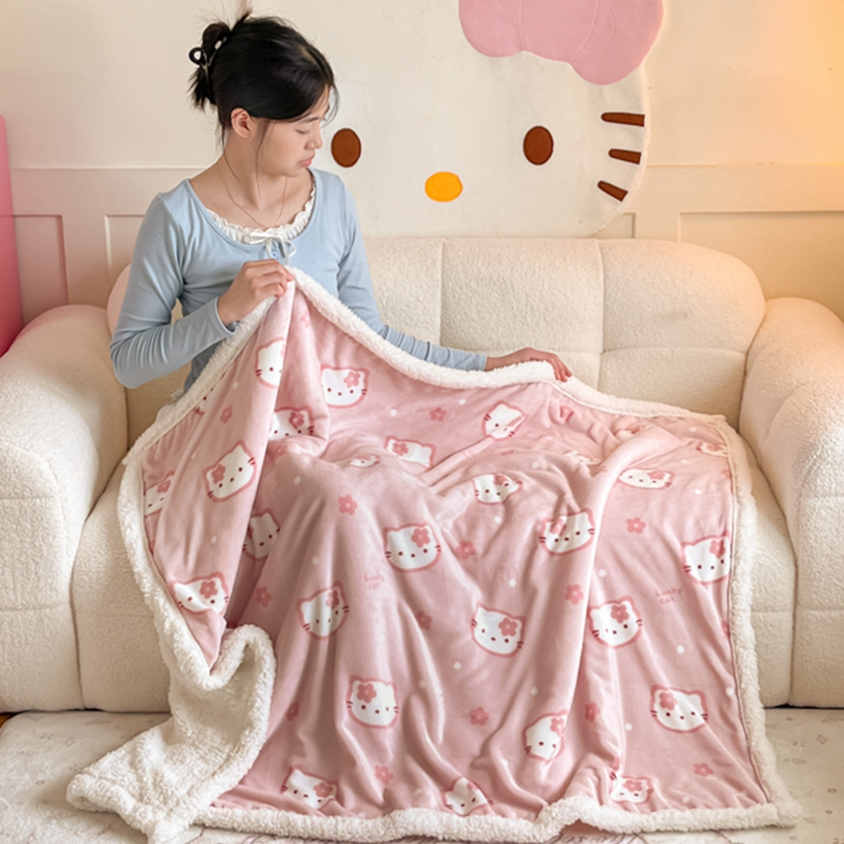 川悦生活 2025新款牛奶绒羊羔绒毯子毛毯 毛毯少女喵喵