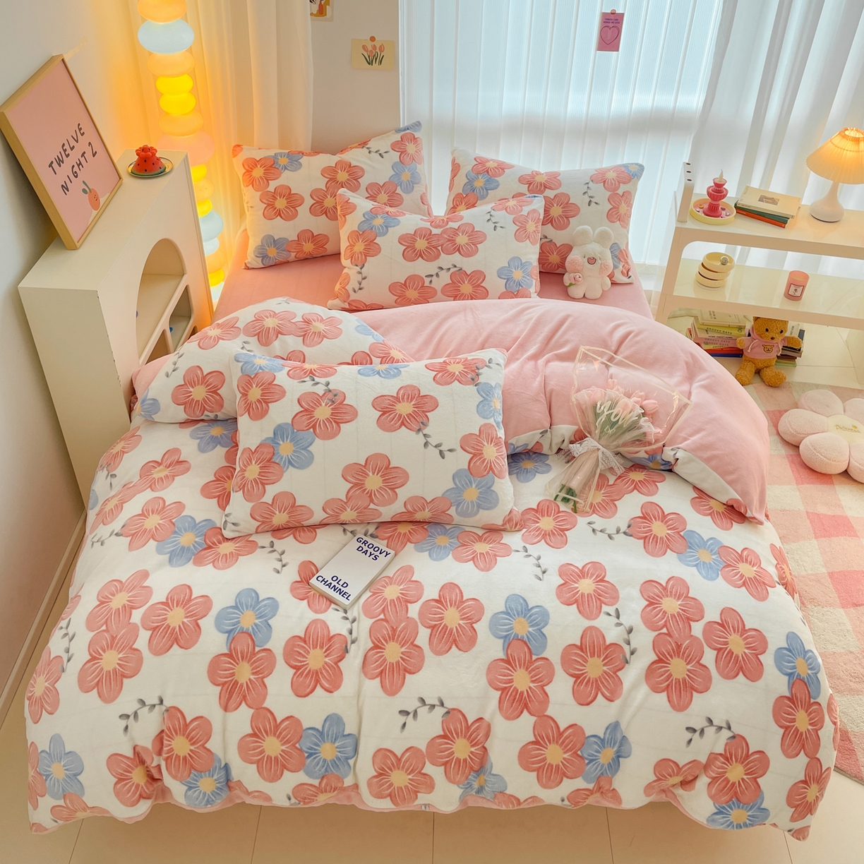 91家纺网 家纺一手货源 找家纺 启发 2025新款高克重小清新牛奶绒印花四件套 花环