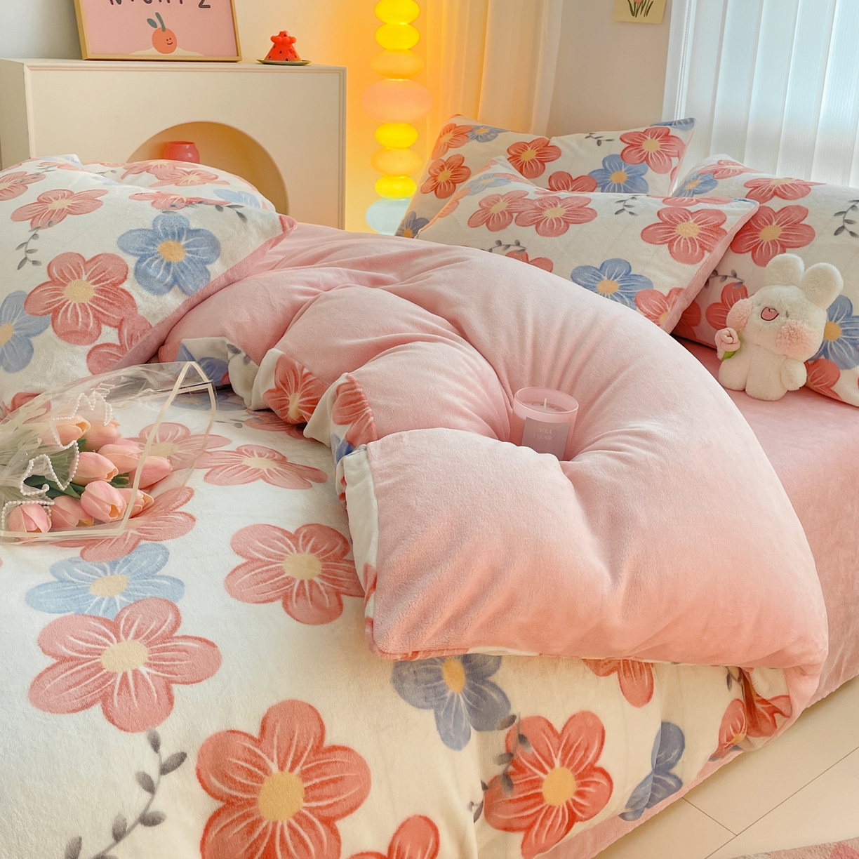 91家纺网 家纺一手货源 找家纺 启发 2025新款高克重小清新牛奶绒印花四件套 花环