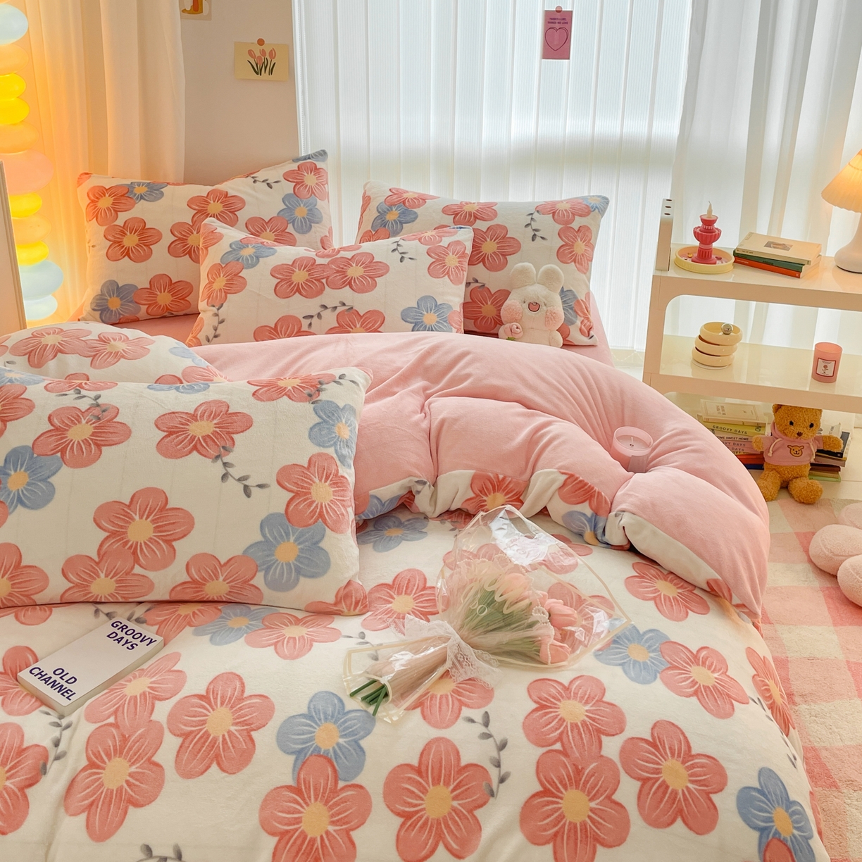 91家纺网 家纺一手货源 找家纺 启发 2025新款高克重小清新牛奶绒印花四件套 花环