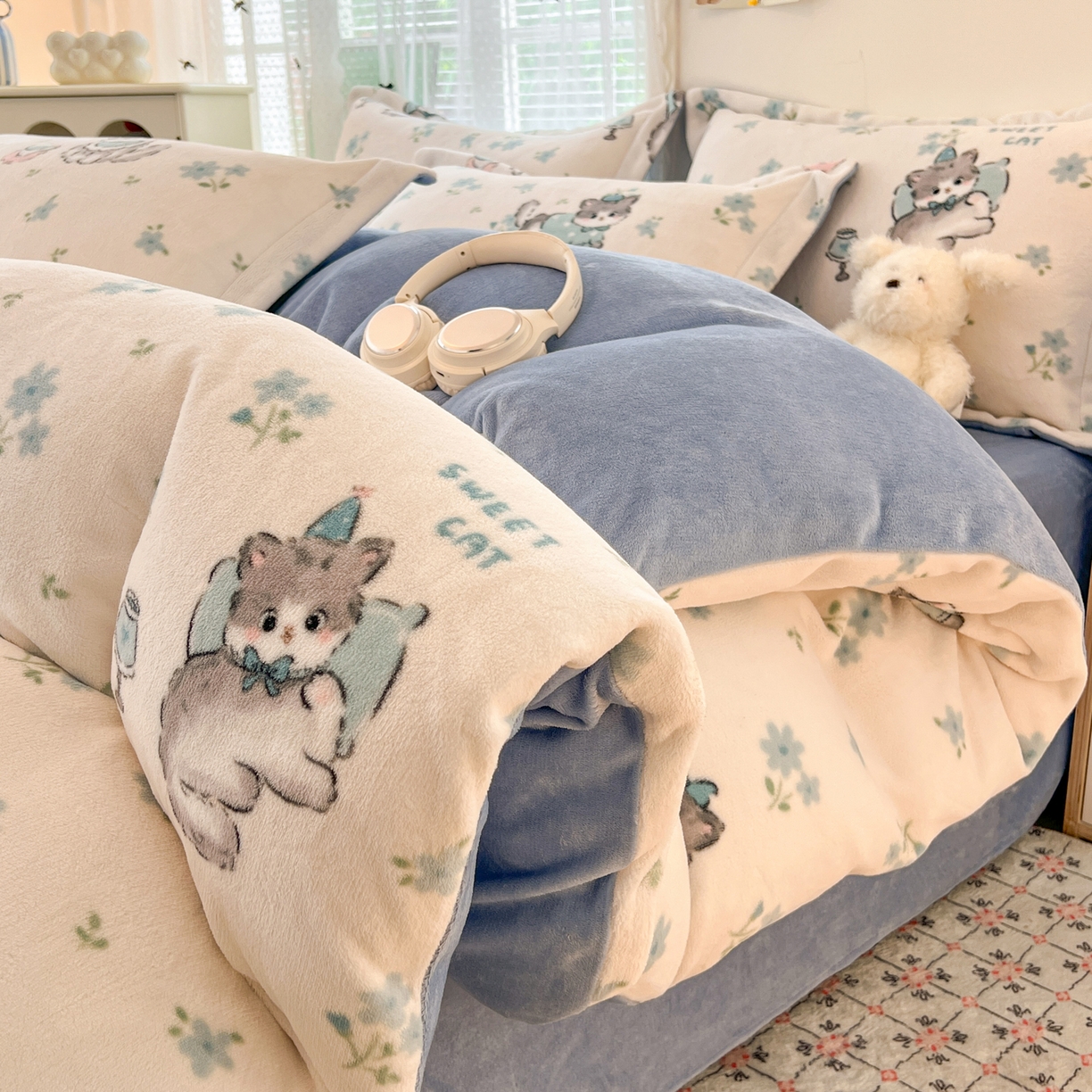 启发 2025新款高克重小清新牛奶绒印花四件套 花精灵