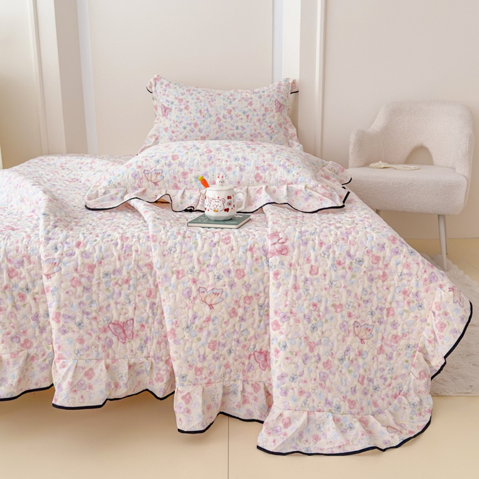 91家纺网 家纺一手货源 找家纺 小萌虎 2025新款A类云感原麻双层纱花边床盖三件套 蝶恋花【花边款】