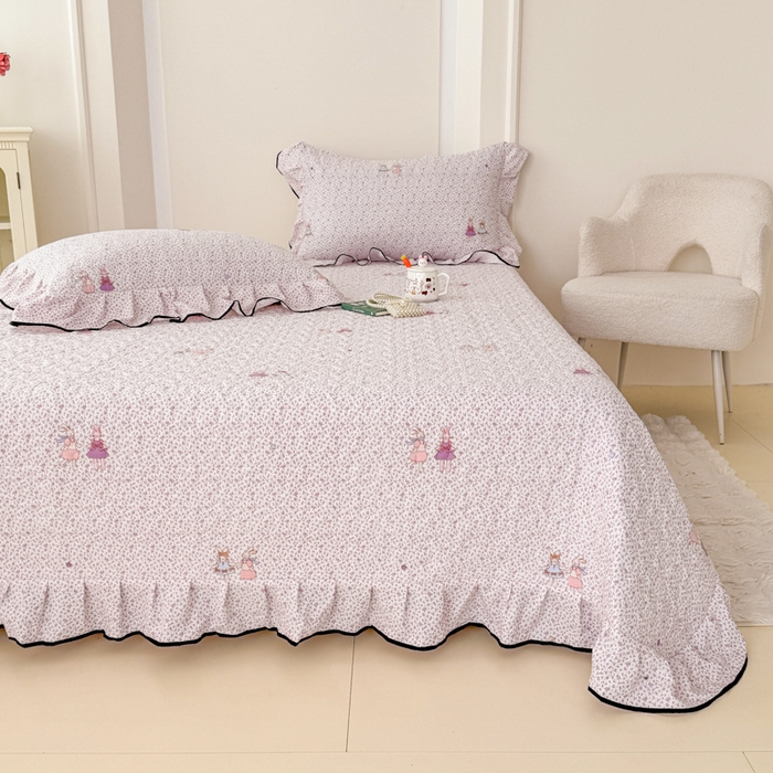 小萌虎 2025新款A类云感原麻双层纱花边床盖三件套 寻梦紫【花边款】