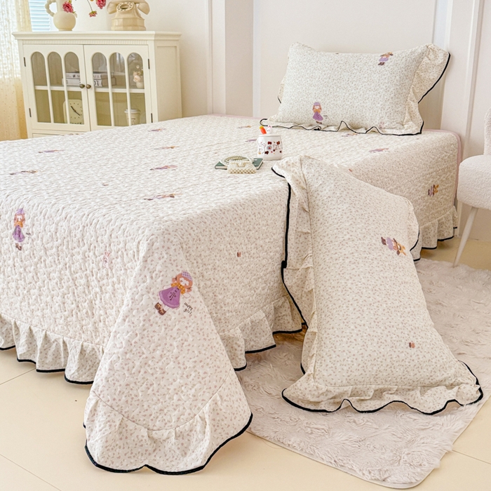 91家纺网 家纺一手货源 找家纺 小萌虎 2025新款A类云感原麻双层纱花边床盖三件套 寻梦粉【花边款】