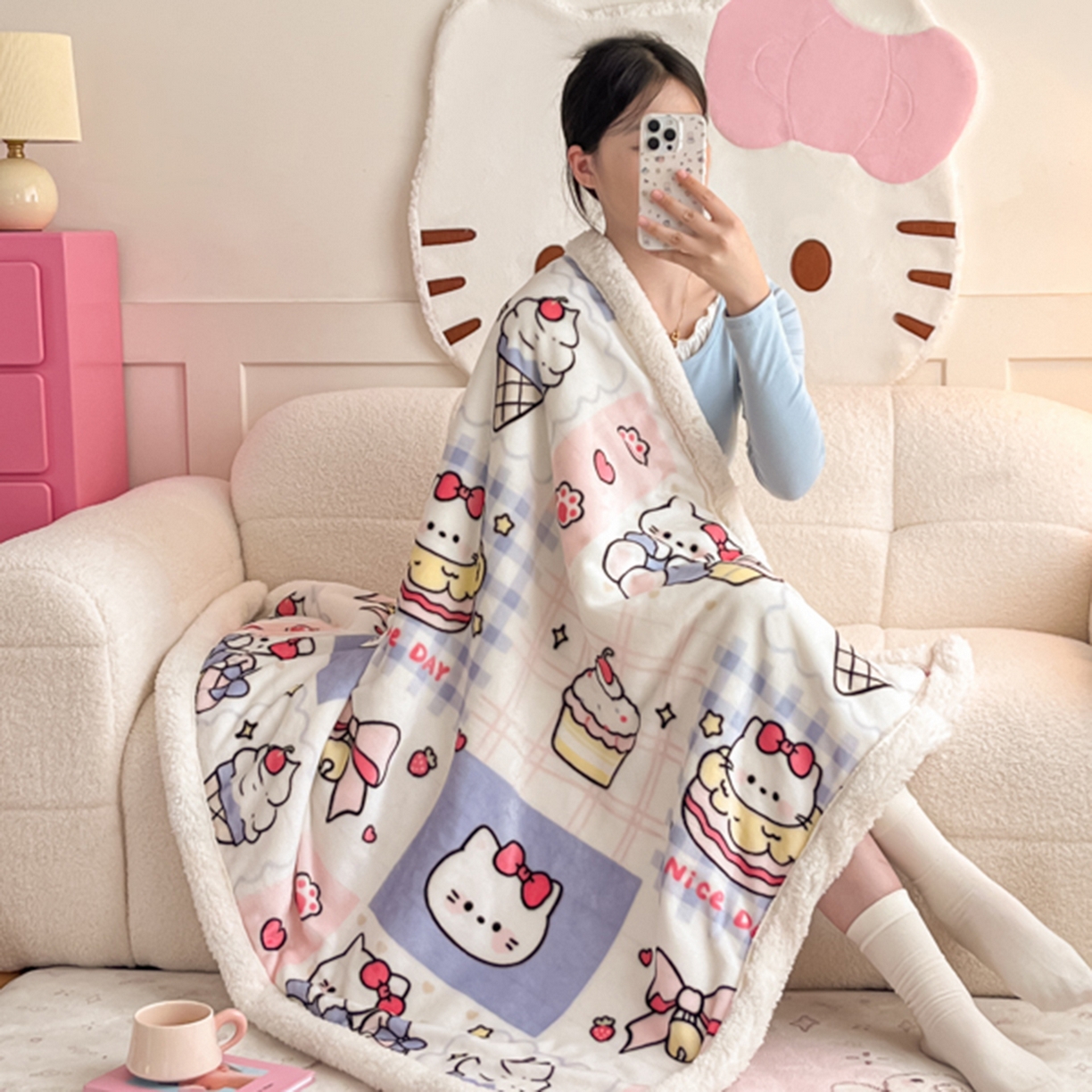 91家纺网 家纺一手货源 找家纺 川悦生活 2025新款牛奶绒羊羔绒毯子毛毯 毛毯甜茶小猫