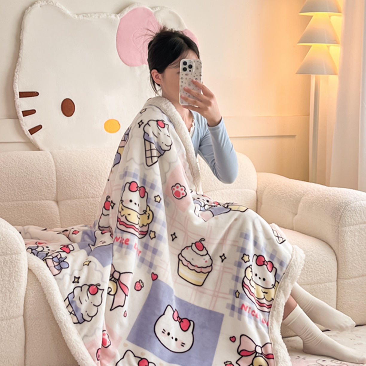 91家纺网 家纺一手货源 找家纺 川悦生活 2025新款牛奶绒羊羔绒毯子毛毯 毛毯甜茶小猫