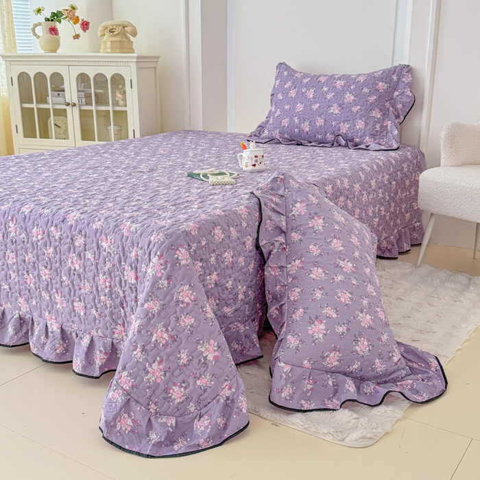 91家纺网 家纺一手货源 找家纺 小萌虎 2025新款A类云感原麻双层纱花边床盖三件套 紫韵【花边款】