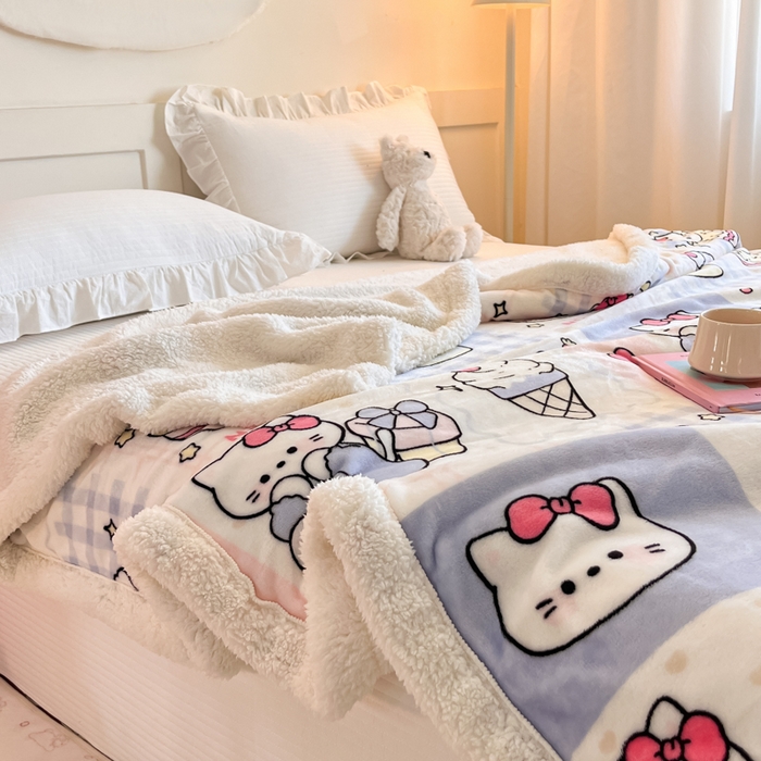 91家纺网 家纺一手货源 找家纺 川悦生活 2025新款牛奶绒羊羔绒毯子毛毯 毛毯甜茶小猫