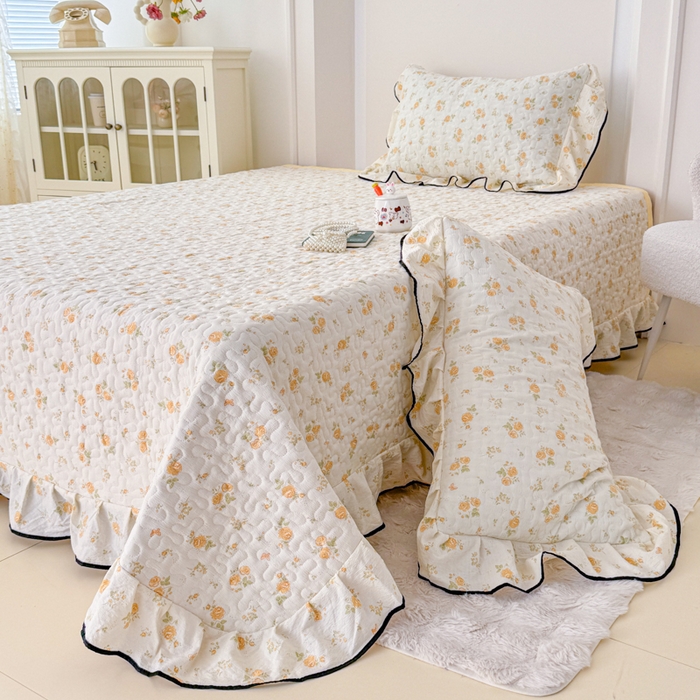 91家纺网 家纺一手货源 找家纺 小萌虎 2025新款A类云感原麻双层纱花边床盖三件套 静初【花边款】