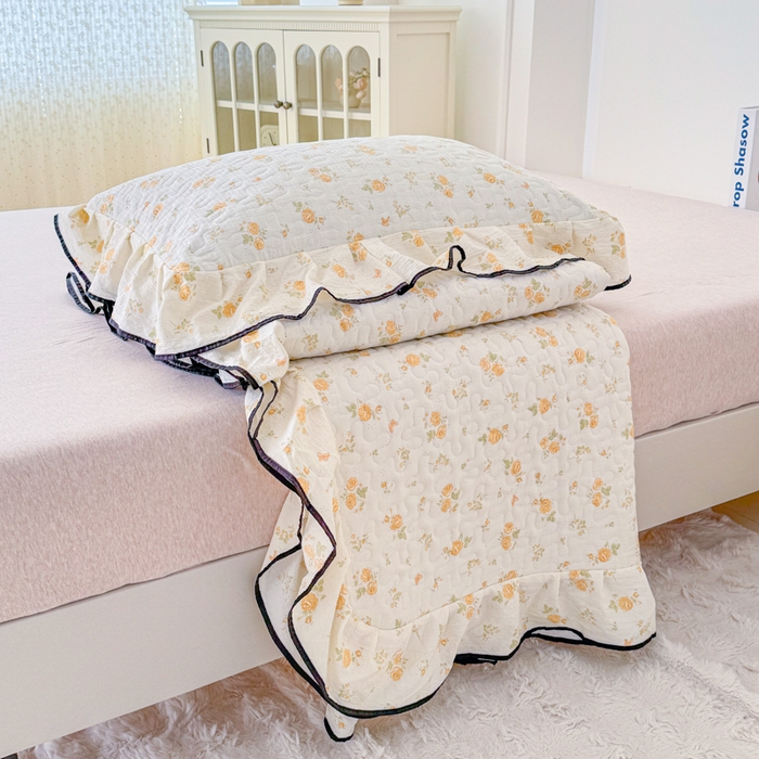 91家纺网 家纺一手货源 找家纺 小萌虎 2025新款A类云感原麻双层纱花边床盖三件套 静初【花边款】