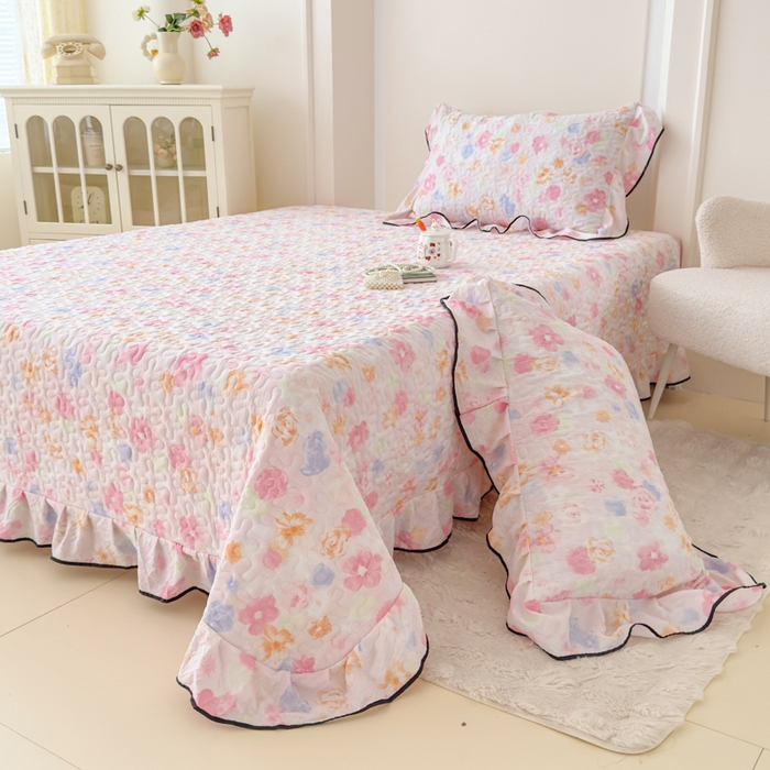 91家纺网 家纺一手货源 找家纺 小萌虎 2025新款A类云感原麻双层纱花边床盖三件套 木兮【花边款】