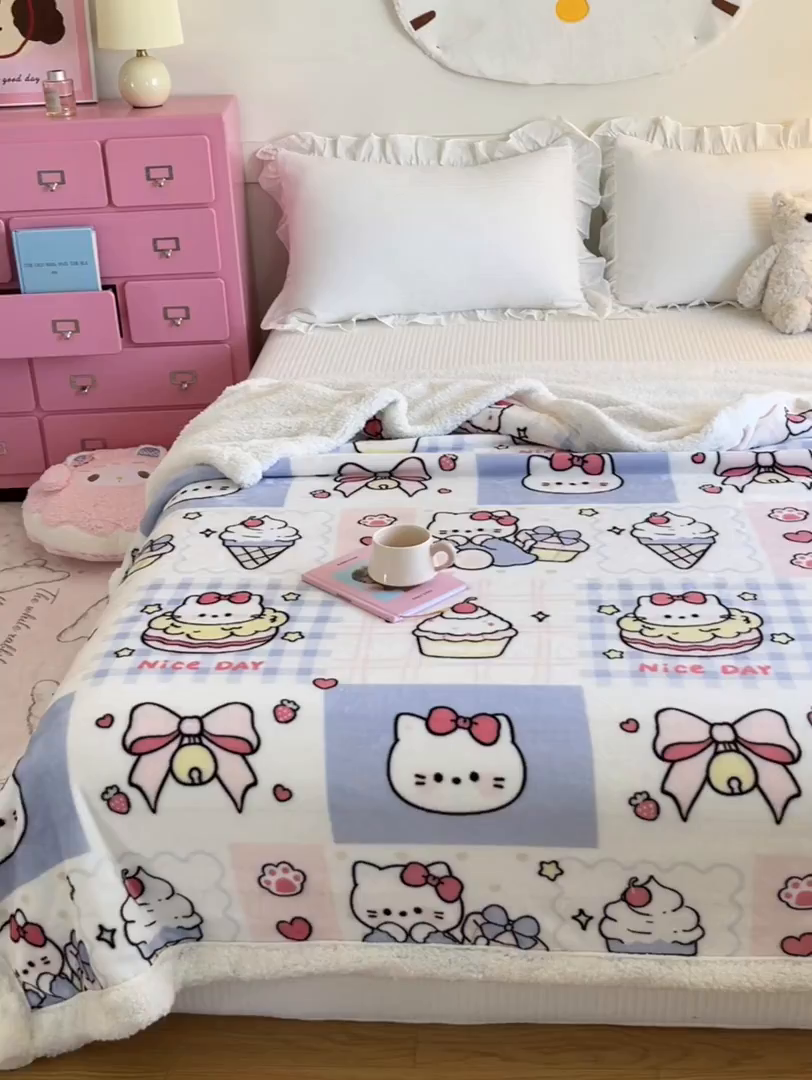 91家纺网 家纺一手货源 找家纺 川悦生活 2025新款牛奶绒羊羔绒毯子毛毯 毛毯甜茶小猫