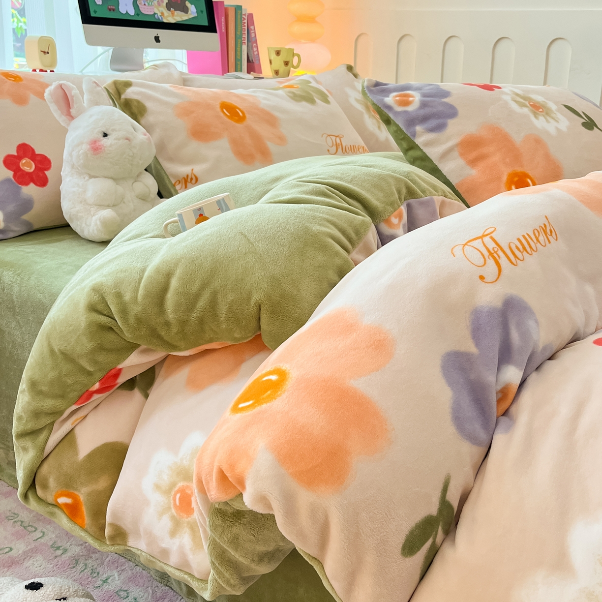 启发 2025新款高克重小清新牛奶绒印花四件套 花开似锦