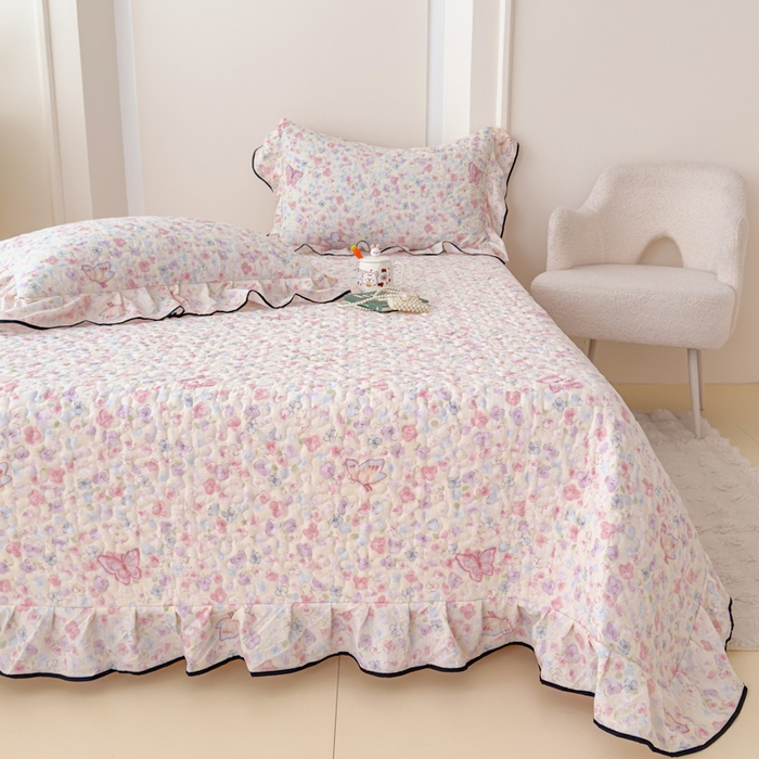 小萌虎 2025新款A类云感原麻双层纱花边床盖三件套 蝶恋花【花边款】