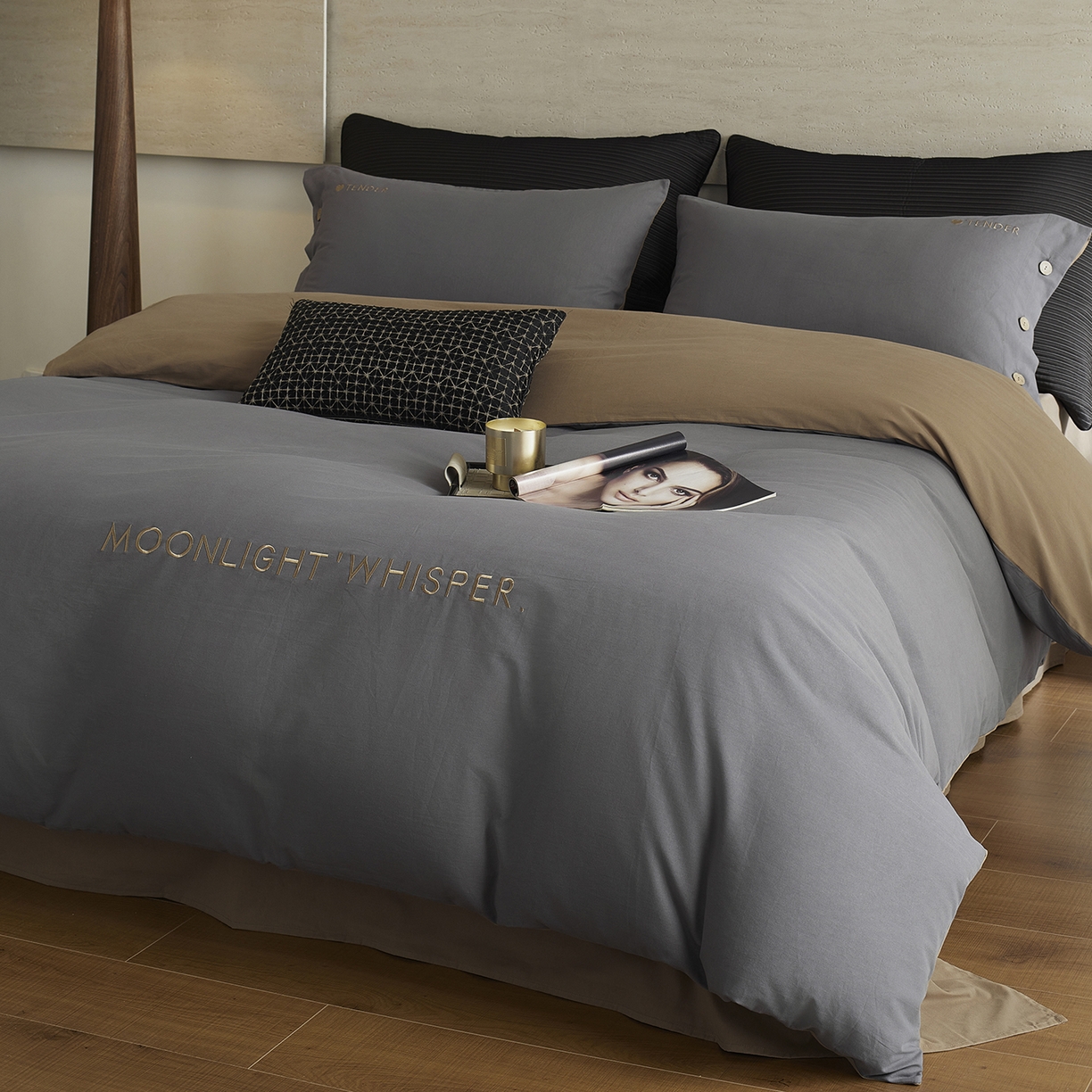 艾咪-Amy ntmy 2025轻奢高级感纽扣款全棉纯棉加厚磨毛刺绣四件套 漫月灰咖