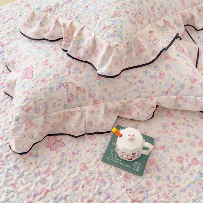 91家纺网 家纺一手货源 找家纺 小萌虎 2025新款A类云感原麻双层纱花边床盖三件套 蝶恋花【花边款】