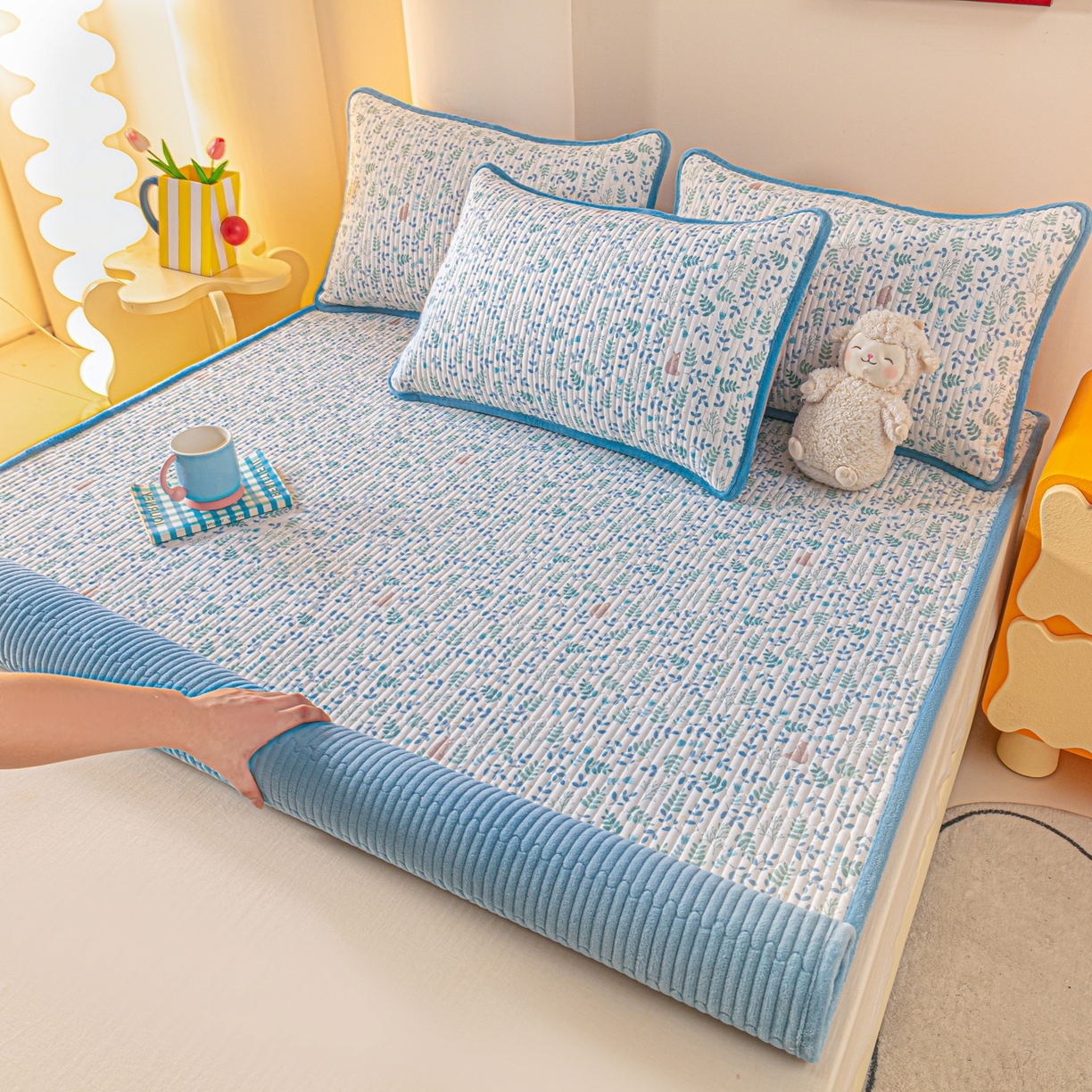 91家纺网 家纺一手货源 找家纺 恒尚居 2025新款A版全棉B版牛奶绒夹棉床褥垫A类四季可用学生床垫-秋冬款三件套系列三 绿野仙踪【A纯棉-B牛奶绒】