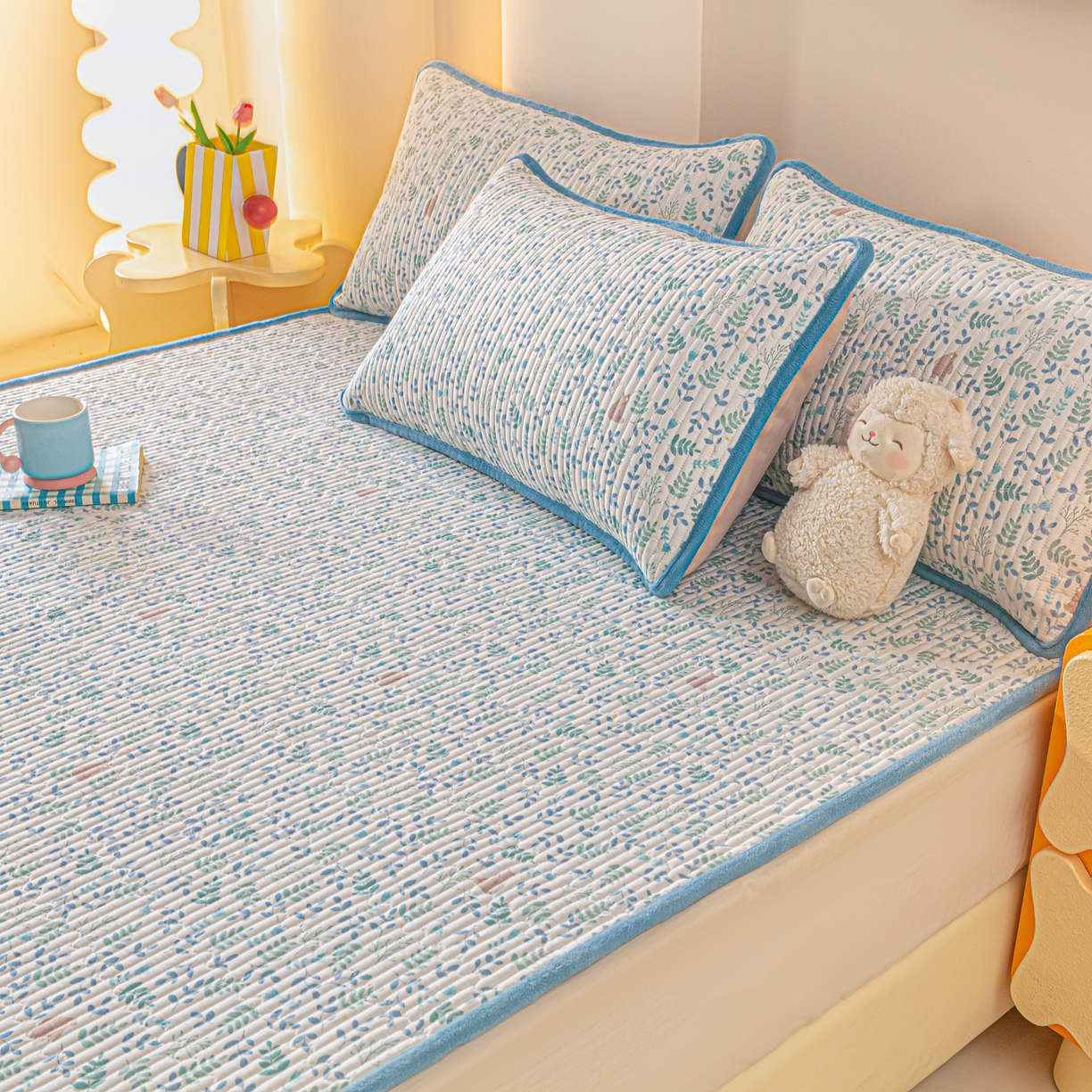 91家纺网 家纺一手货源 找家纺 恒尚居 2025新款A版全棉B版牛奶绒夹棉床褥垫A类四季可用学生床垫-秋冬款三件套系列三 绿野仙踪【A纯棉-B牛奶绒】