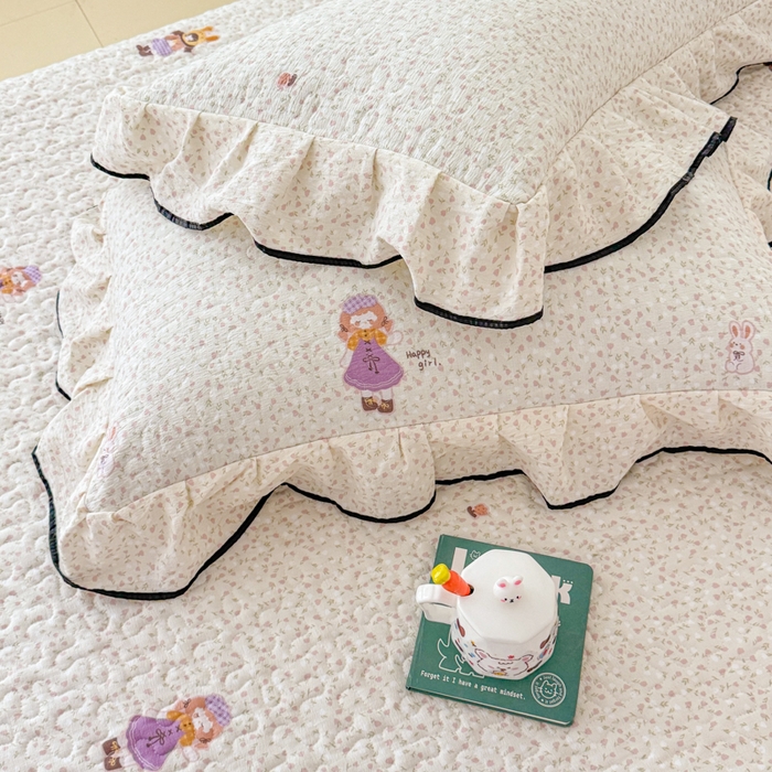 91家纺网 家纺一手货源 找家纺 小萌虎 2025新款A类云感原麻双层纱花边床盖三件套 寻梦粉【花边款】