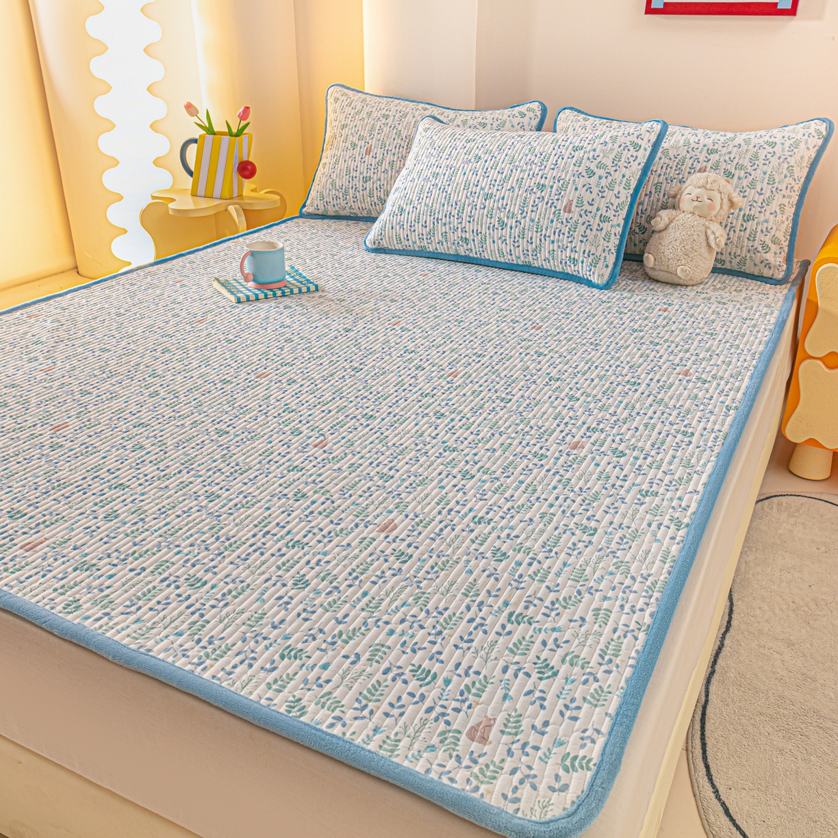 91家纺网 家纺一手货源 找家纺 恒尚居 2025新款A版全棉B版牛奶绒夹棉床褥垫A类四季可用学生床垫-秋冬款三件套系列三 绿野仙踪【A纯棉-B牛奶绒】