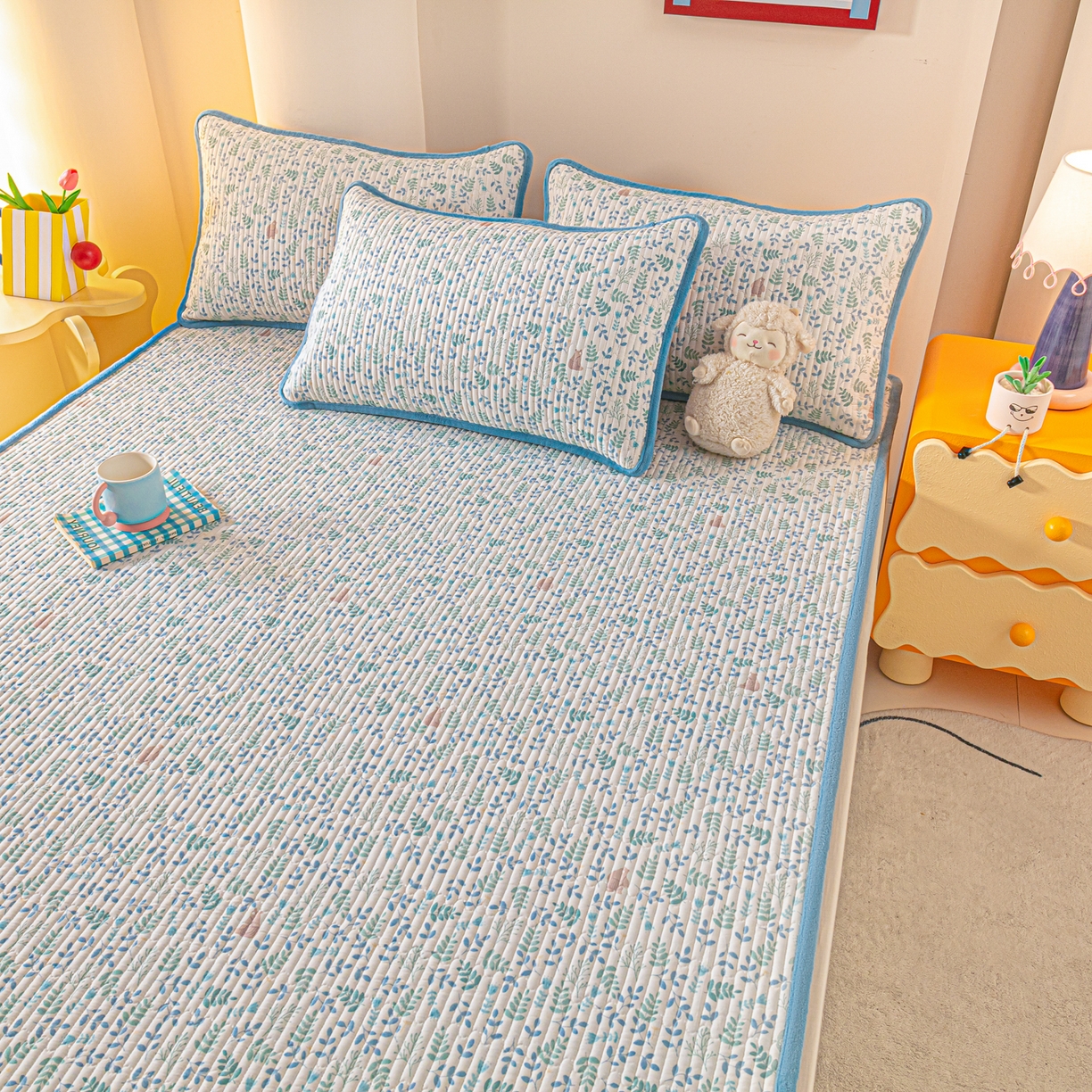 91家纺网 家纺一手货源 找家纺 恒尚居 2025新款A版全棉B版牛奶绒夹棉床褥垫A类四季可用学生床垫-秋冬款三件套系列三 绿野仙踪【A纯棉-B牛奶绒】