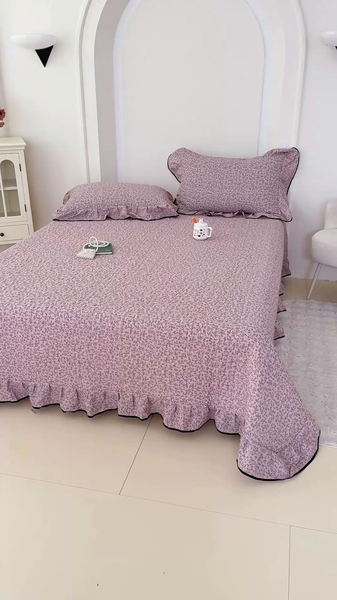 91家纺网 家纺一手货源 找家纺 小萌虎 2025新款A类云感原麻双层纱花边床盖三件套 慕情【花边款】