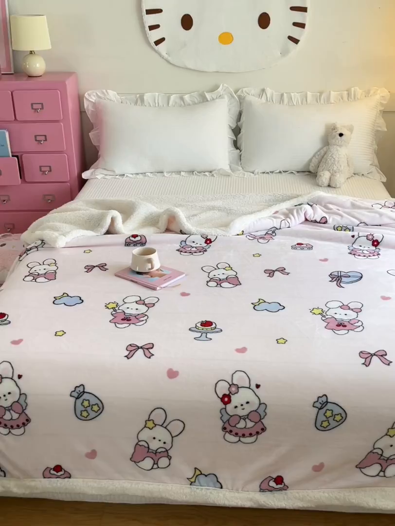 91家纺网 家纺一手货源 找家纺 川悦生活 2025新款牛奶绒羊羔绒毯子毛毯 毛毯甜心兔糕