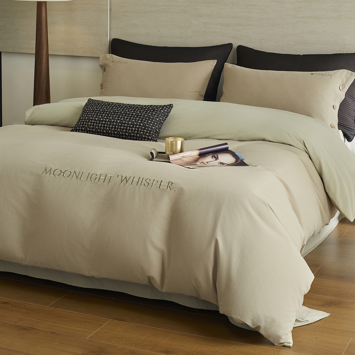 艾咪-Amy ntmy 2025轻奢高级感纽扣款全棉纯棉加厚磨毛刺绣四件套 漫月卡绿