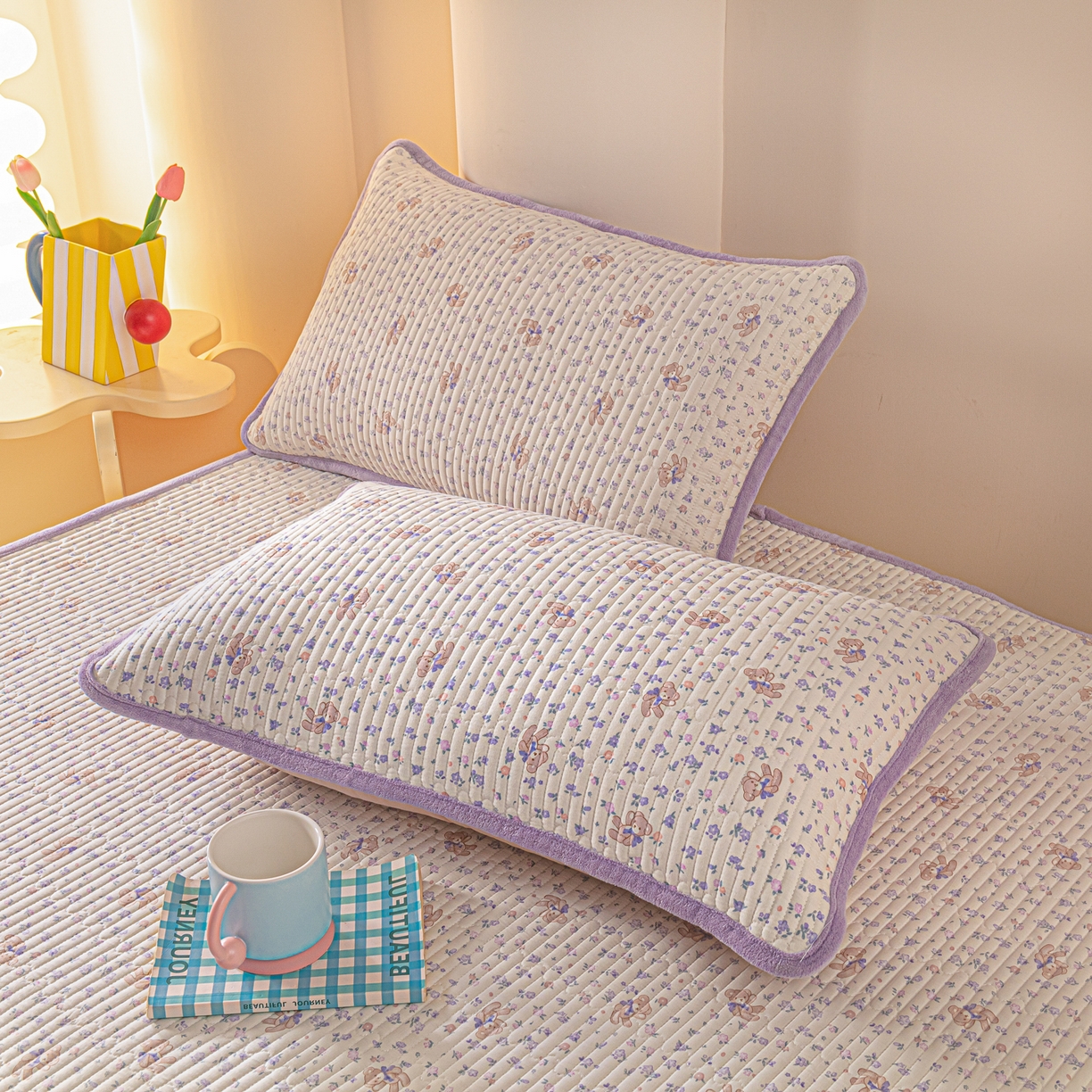 91家纺网 家纺一手货源 找家纺 恒尚居 2025新款A版全棉B版牛奶绒夹棉床褥垫A类四季可用学生床垫-秋冬款三件套系列三 清茶小熊【A纯棉-B牛奶绒】