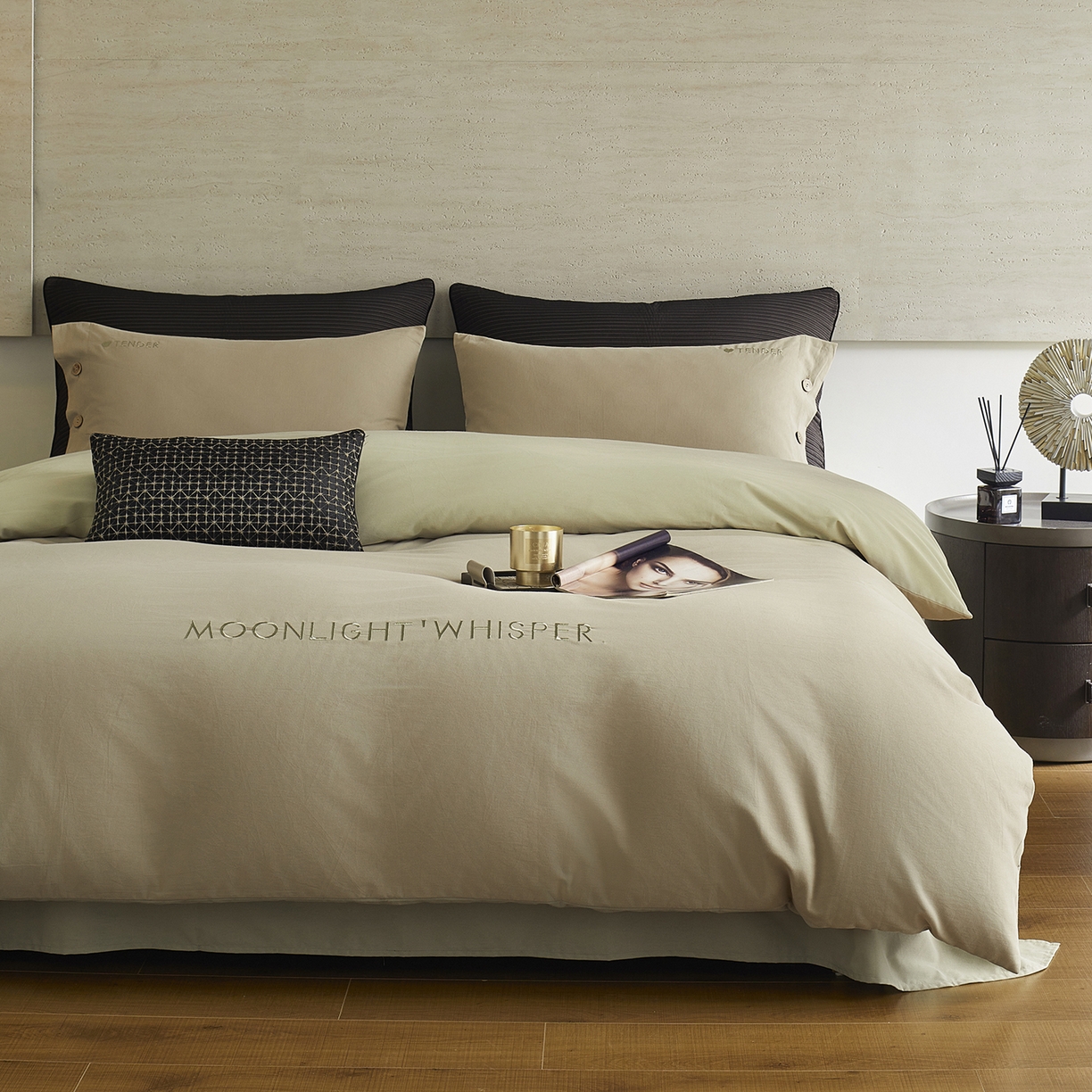 91家纺网 家纺一手货源 找家纺 艾咪-Amy ntmy 2025轻奢高级感纽扣款全棉纯棉加厚磨毛刺绣四件套 漫月卡绿