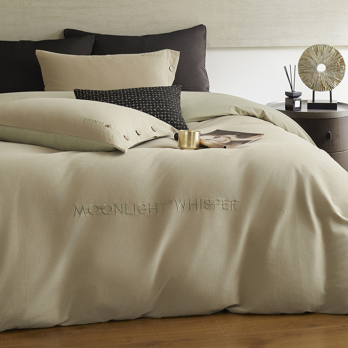 91家纺网 家纺一手货源 找家纺 艾咪-Amy ntmy 2025轻奢高级感纽扣款全棉纯棉加厚磨毛刺绣四件套 漫月卡绿