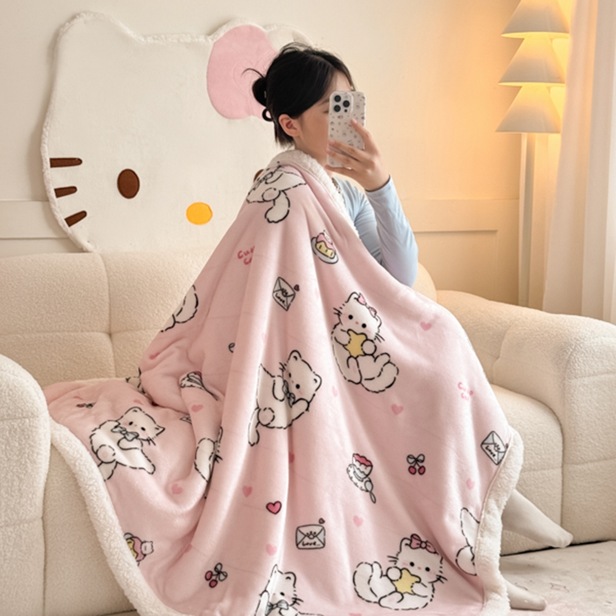 川悦生活 2025新款牛奶绒羊羔绒毯子毛毯 毛毯星心小猫