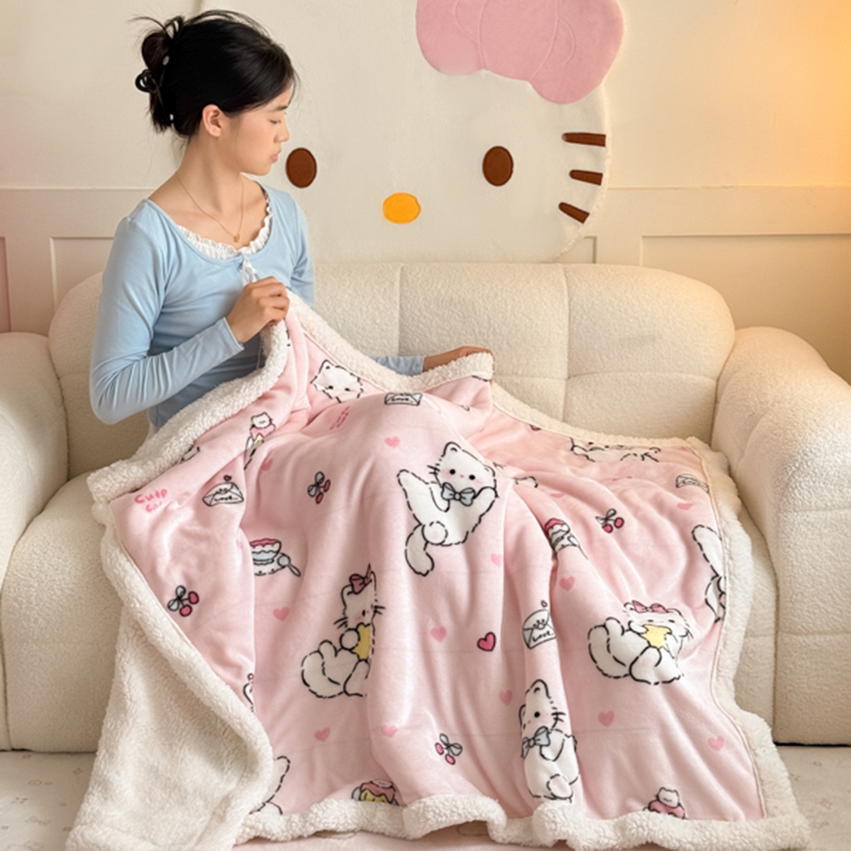 91家纺网 家纺一手货源 找家纺 川悦生活 2025新款牛奶绒羊羔绒毯子毛毯 毛毯星心小猫