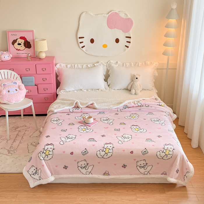 91家纺网 家纺一手货源 找家纺 川悦生活 2025新款牛奶绒羊羔绒毯子毛毯 毛毯星心小猫