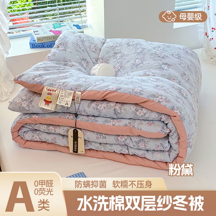 弗苓家纺 2025新款糯叽叽ins风双层纱水洗棉冬被被子被芯 粉黛