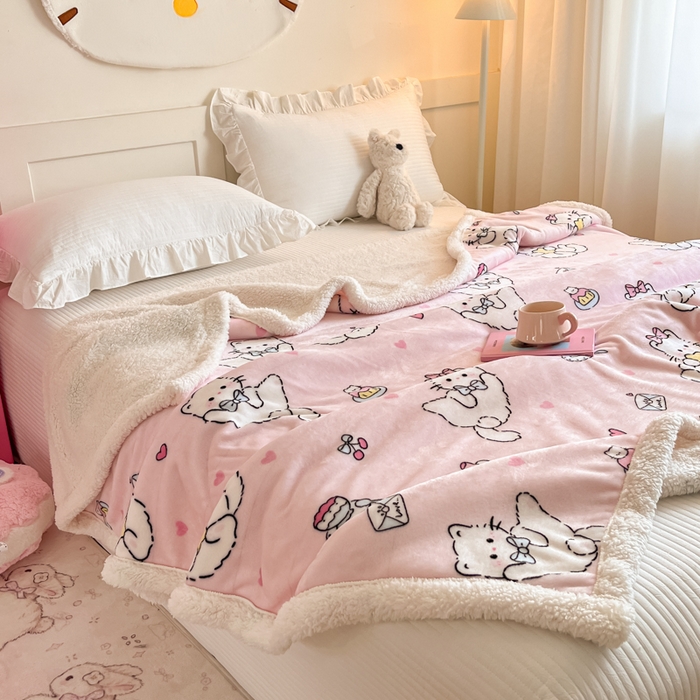 91家纺网 家纺一手货源 找家纺 川悦生活 2025新款牛奶绒羊羔绒毯子毛毯 毛毯星心小猫