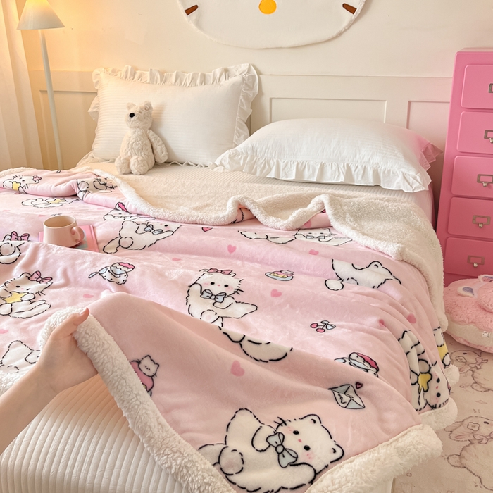 91家纺网 家纺一手货源 找家纺 川悦生活 2025新款牛奶绒羊羔绒毯子毛毯 毛毯星心小猫