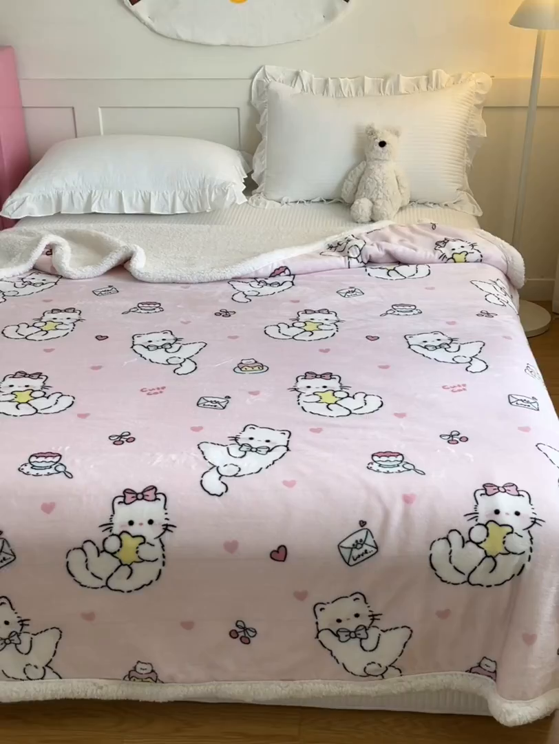 91家纺网 家纺一手货源 找家纺 川悦生活 2025新款牛奶绒羊羔绒毯子毛毯 毛毯星心小猫