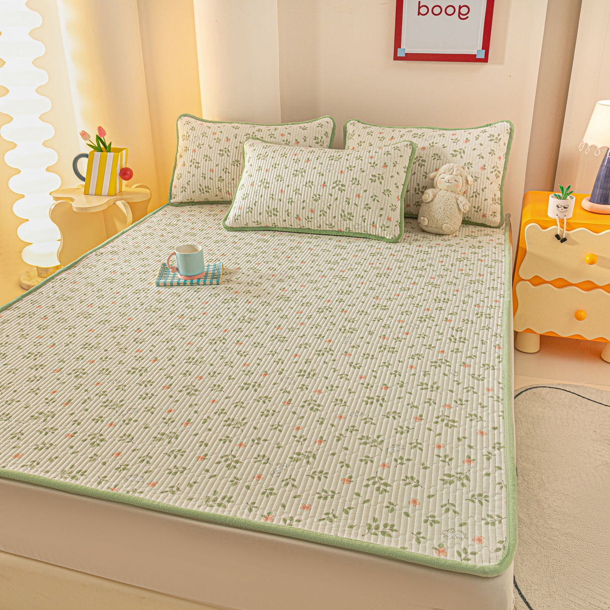 91家纺网 家纺一手货源 找家纺 恒尚居 2025新款A版全棉B版牛奶绒夹棉床褥垫A类四季可用学生床垫-秋冬款三件套系列三 清新雅韵【A纯棉-B牛奶绒】