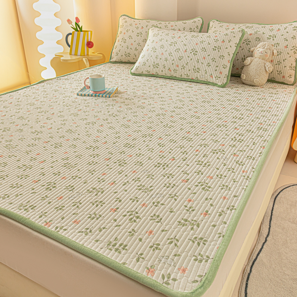 91家纺网 家纺一手货源 找家纺 恒尚居 2025新款A版全棉B版牛奶绒夹棉床褥垫A类四季可用学生床垫-秋冬款三件套系列三 清新雅韵【A纯棉-B牛奶绒】