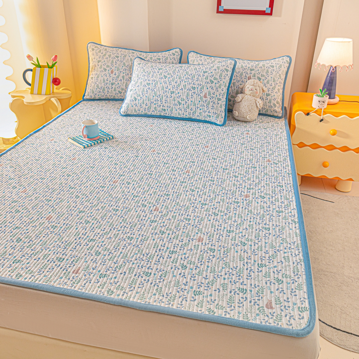 91家纺网 家纺一手货源 找家纺 恒尚居 2025新款A版全棉B版牛奶绒夹棉床褥垫A类四季可用学生床垫-秋冬款三件套系列二 绿野仙踪【A纯棉-B牛奶绒】