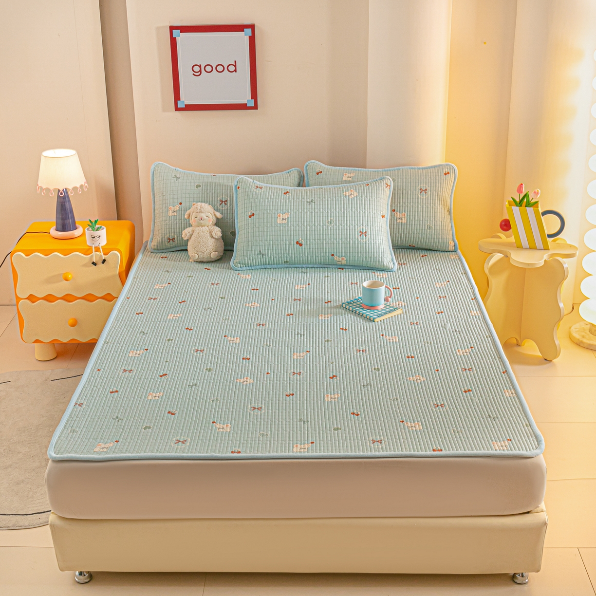 91家纺网 家纺一手货源 找家纺 恒尚居 2025新款A版全棉B版牛奶绒夹棉床褥垫A类四季可用学生床垫-秋冬款三件套系列一 蓝象【A纯棉-B牛奶绒】