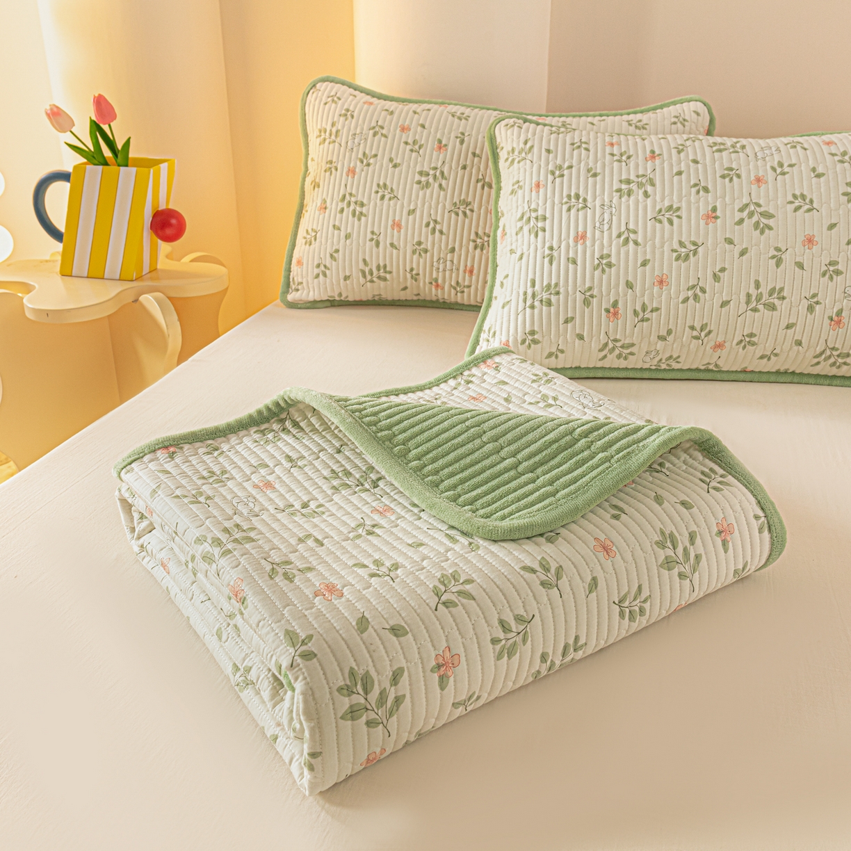 91家纺网 家纺一手货源 找家纺 恒尚居 2025新款A版全棉B版牛奶绒夹棉床褥垫A类四季可用学生床垫-秋冬款三件套系列三 清新雅韵【A纯棉-B牛奶绒】