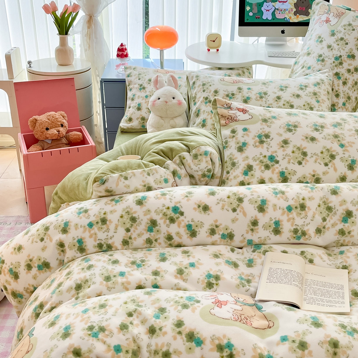 91家纺网 家纺一手货源 找家纺 启发 2025新款高克重小清新牛奶绒印花四件套 蓝风铃-绿